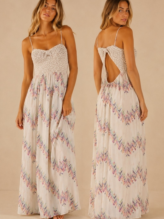 Dresses & Skirts - Boho Maxi Dress Women's Small Cream Crochet Bodice Open Back Pastel Aztec Print